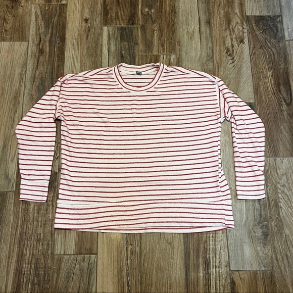 Aerie Knit Top Ivory Red Stripe Long Sleeve Drop Shoulder Terry Oversized - Picture 2 of 3